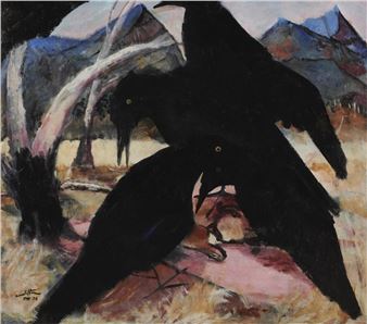 A painting of two crows sitting on top of a rock.