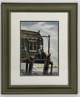 A framed watercolor painting of a rustic wooden cabin on a pier with figures in the window.