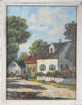 A rustic village scene featuring a white house with green shutters, surrounded by lush trees and a dirt road.