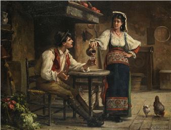 A rustic interior scene featuring a man and woman in traditional attire sharing a moment over a small table.