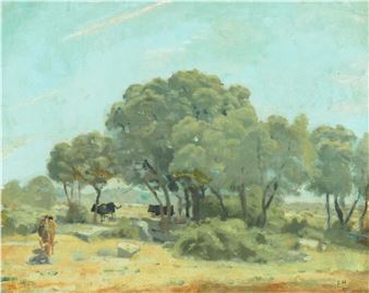 Landschaft bei Madrid mit Steineichen und weidenden Kühen