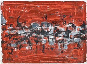 A painting with black and red paint on a white background.
