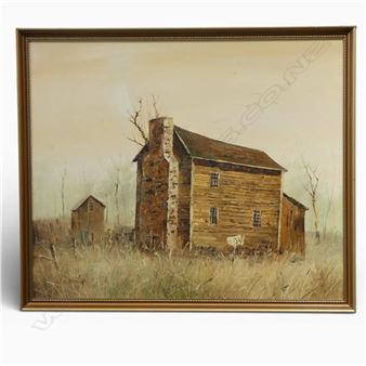 A rustic wooden house stands alone in a dry, grassy field under an overcast sky.