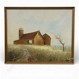 A rustic wooden barn and silo stand in a grassy field under a pale sky.