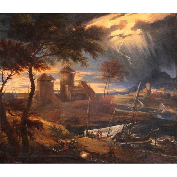 A dramatic landscape painting featuring a fortified settlement under a stormy sky with divine light breaking through.