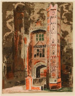 A drawing of a building with a clock tower in the background.