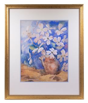 A framed watercolor still life of white blossoms in a brown pitcher against a blue background.
