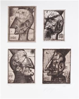 A monochromatic print featuring four stylized, geometric portraits of a figure.