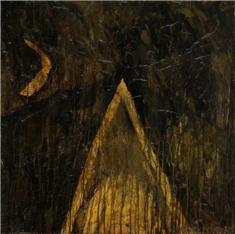 A dark, textured abstract composition featuring a golden triangle and crescent against a black background.