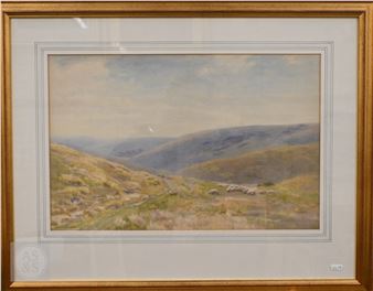 A watercolor landscape of rolling hills with a flock of sheep under a cloudy sky.