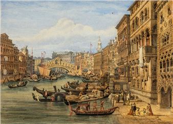 A bustling canal scene filled with gondolas, cargo boats, and historic buildings under a soft sky.