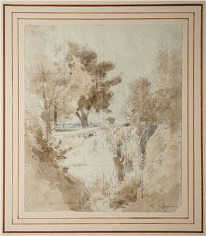 A drawing of a landscape with trees in the background.