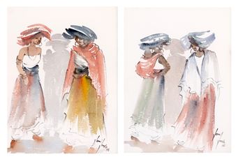 A watercolor diptych of two figures in flowing robes and hats, rendered with loose brushwork.