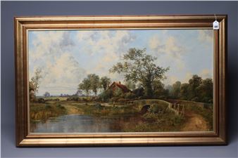 A framed landscape painting of a rural river scene with a stone bridge and distant cottage.