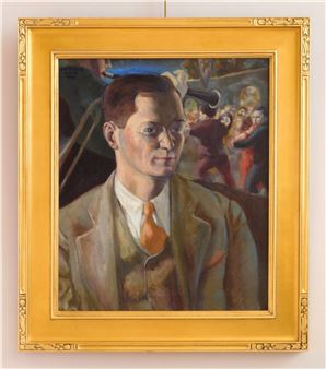 A formal portrait of a man in a suit, set against a busy background scene.