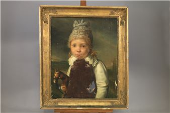 A classical oil painting of a young child in period dress holding a toy horse.