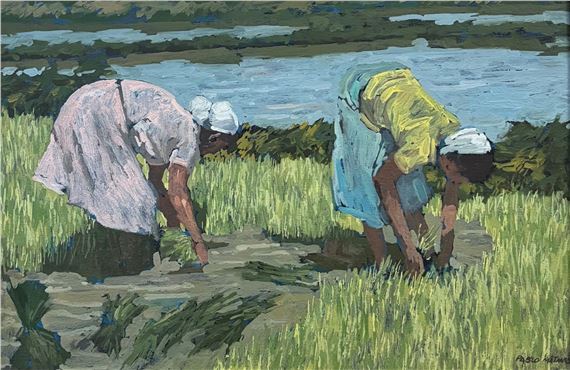 A vibrant impressionist painting of two figures working in a rice paddy.