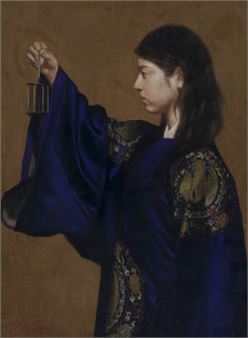 A contemplative figure in deep blue robes holds a lantern against a muted background.