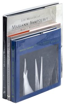 A stack of three hardcover books with minimalist covers featuring abstract imagery and text.
