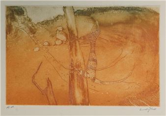 A drawing of a lizard on a tree in the desert.