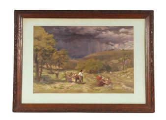 A pastoral scene depicting figures in a field under a dramatic, stormy sky.