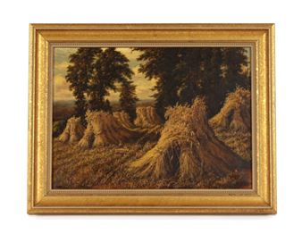 A landscape painting of a harvested field with haystacks and trees in a golden frame.