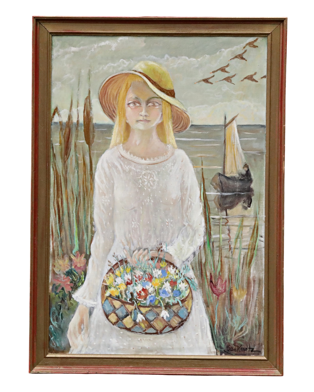 olle-krantz-girl-by-the-sea-flower-basket-oil-painting-signed-frame