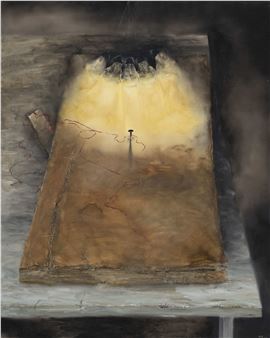 A surreal painting of a glowing, rectangular object with a tiny figure and red lines.