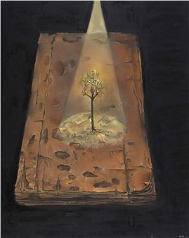 A small tree with exposed roots grows from a glowing patch of earth within a large, open book.