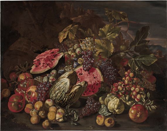 Still life of watermelons, pomegranates, bunches of grapes and other fruit in a landscape by Nicola Casissa