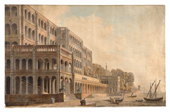 A classical architectural landscape featuring grand multi-story buildings, a waterfront, and small figures.