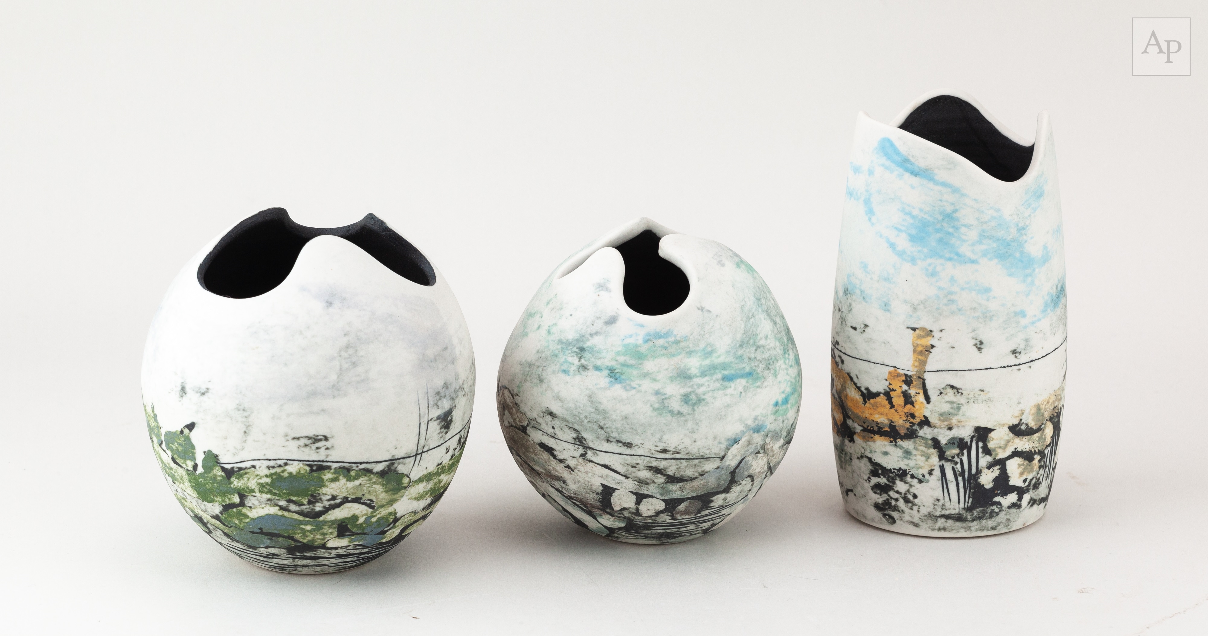 Peter Clough | a trio of grogged porcelain vases with wavy rims ...