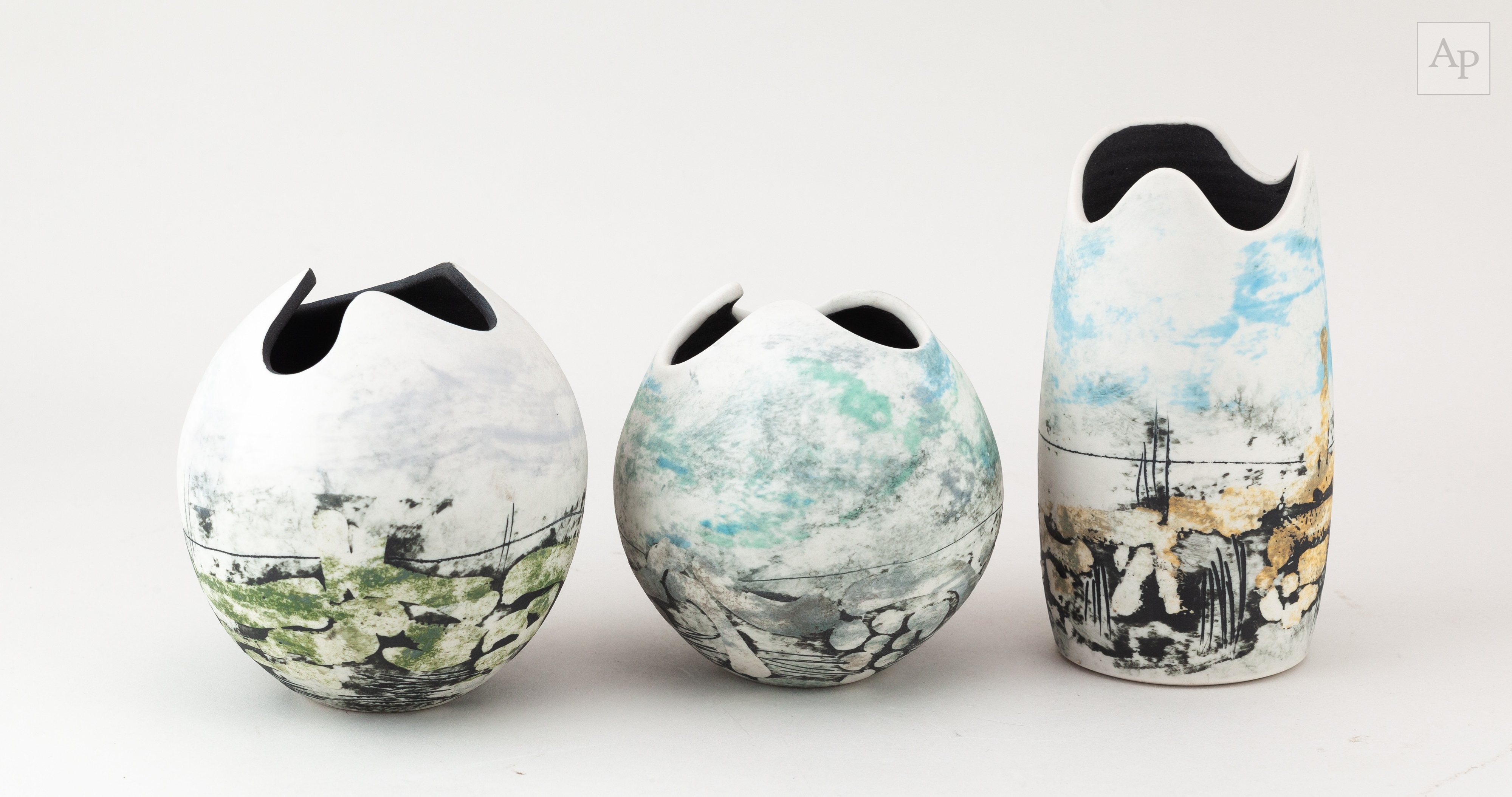 Peter Clough | a trio of grogged porcelain vases with wavy rims ...