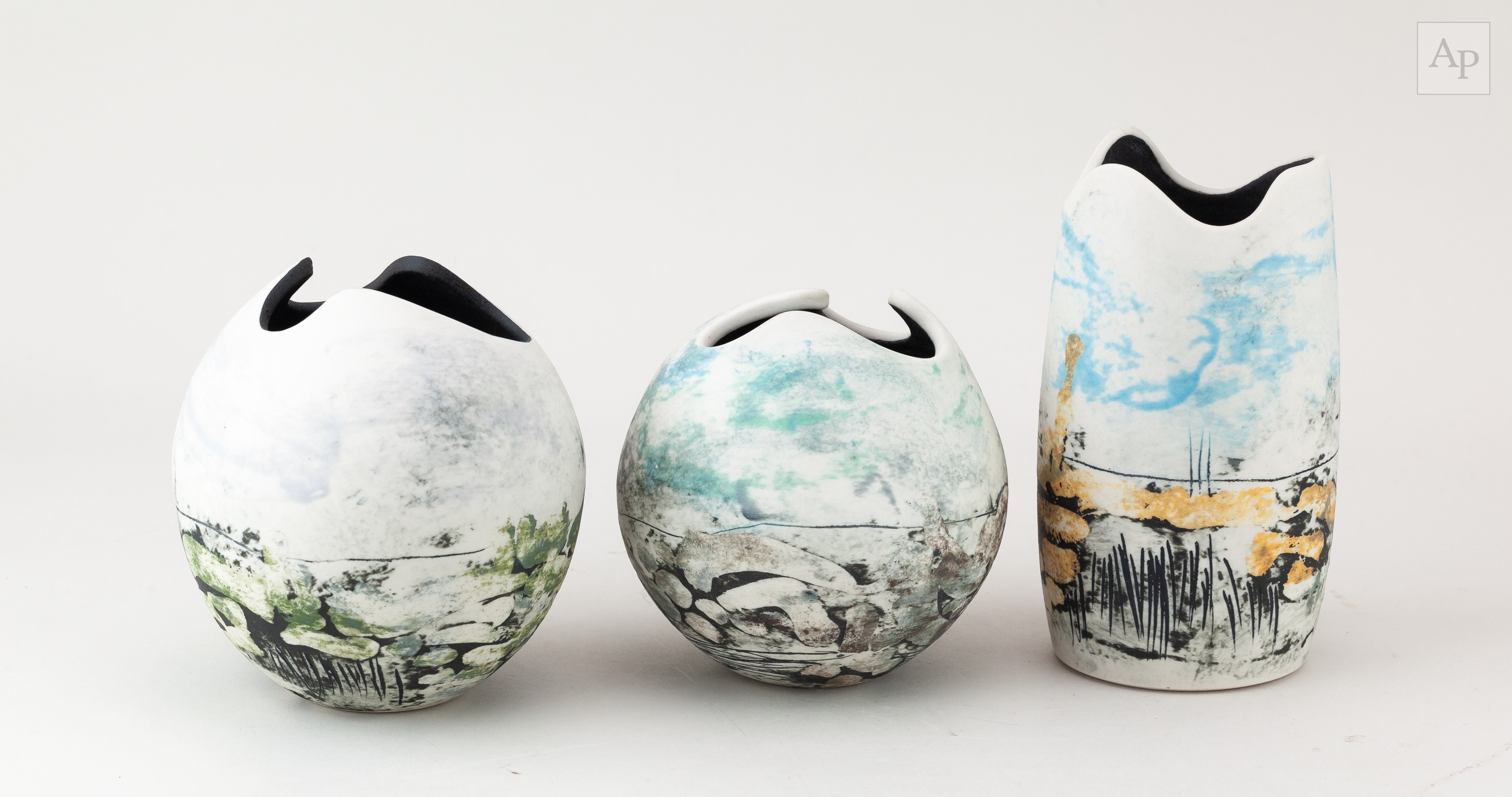 Peter Clough | a trio of grogged porcelain vases with wavy rims ...