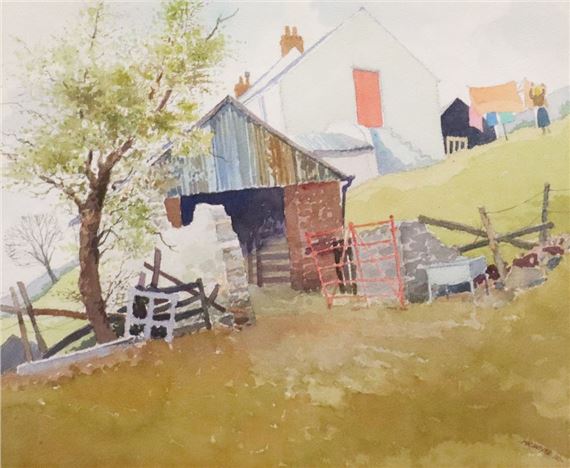A pastoral watercolor scene featuring a rustic barn, a white house, and a tree on a grassy hill.