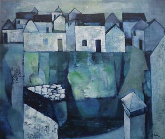 A stylized village scene with geometric buildings and a stone bridge, rendered in cool blues and greens.