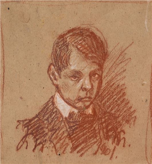 A monochromatic sketch of a young figure with a solemn gaze.