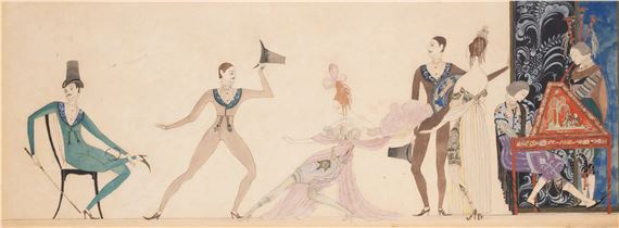 A horizontal composition of six stylized figures in theatrical poses against a plain background.
