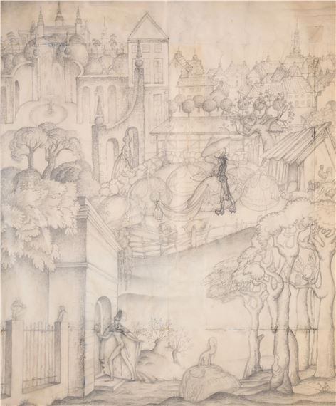 A detailed black-and-white drawing of a fantastical landscape filled with whimsical architecture and floating figures.
