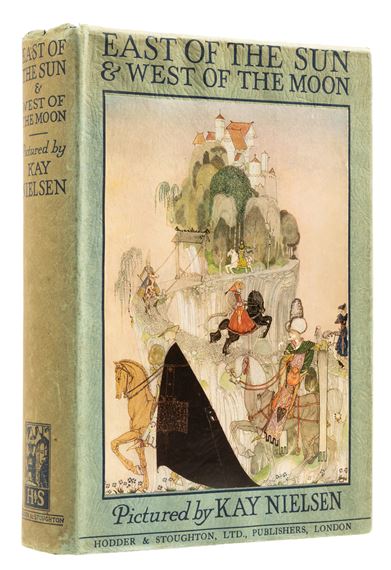 A vintage book cover featuring a whimsical fantasy scene with knights and a floating castle.