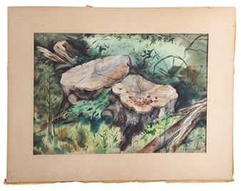 A watercolor forest scene featuring two large mushrooms growing beside a rustic wagon wheel.