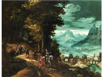 HÜGELLANDSCHAFT MIT REITERN UND STÄDTCHEN IM TAL, BAUMLANDSCHAFT IN GEWITTERSTIMMUNG