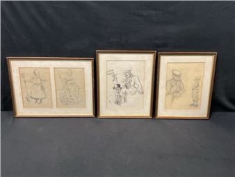 pen, ink and pencil caricatures - a cleaning lady and a grande dame, two opposing football supporters wearing rosettes, and two contemplative old men, all mounted and framed - Bert Thomas