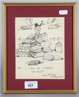 A framed caricature sketch of a figure surrounded by stacks of books, rendered in black ink on white paper.