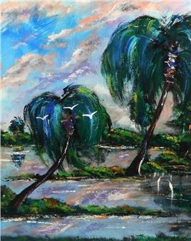 A vibrant impressionist painting of a tropical river scene with palm trees and flying birds.