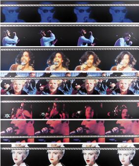 A collage of photos of a group of people singing on stage.