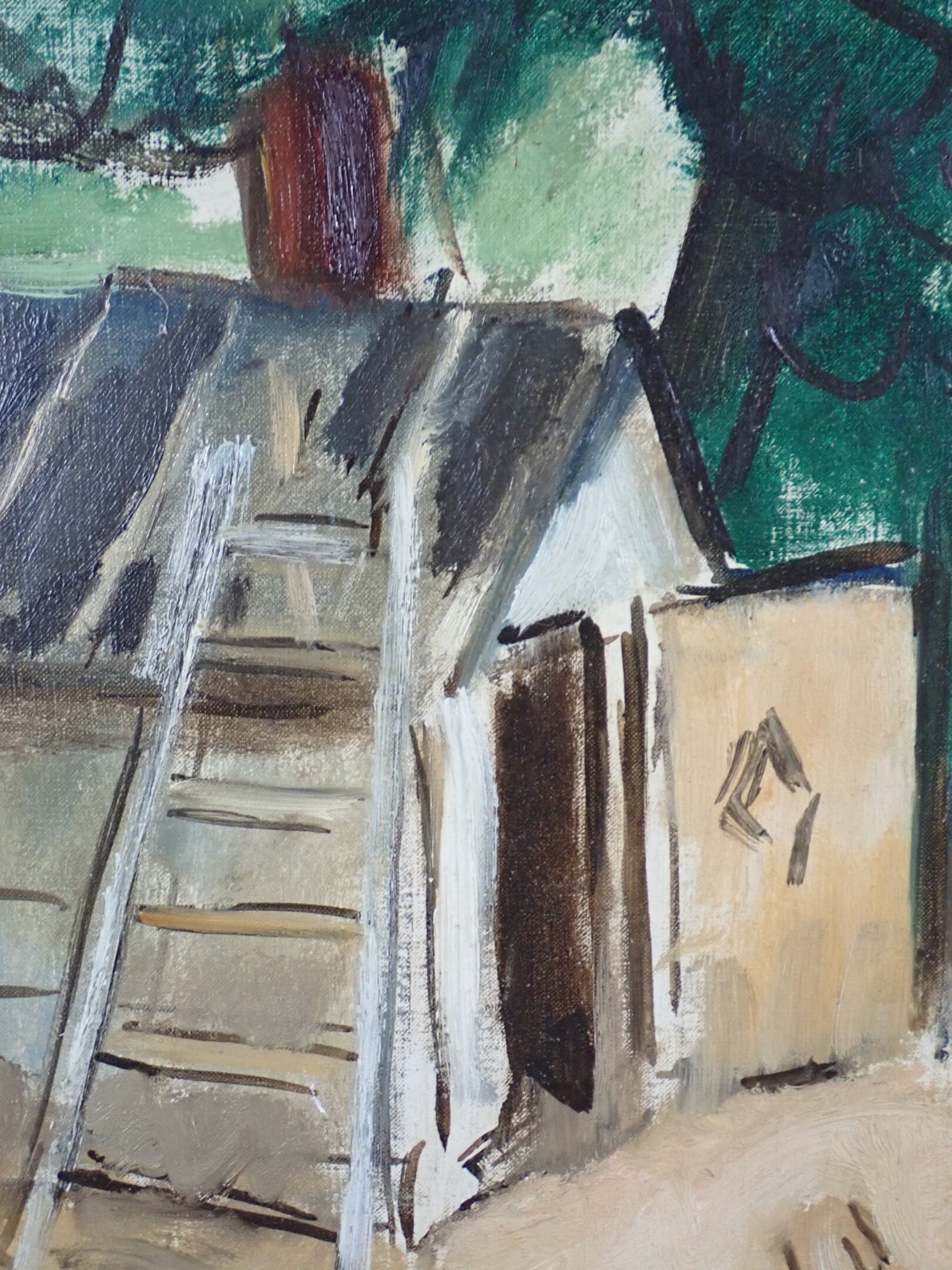 A rustic farmyard scene featuring a wooden coop, trees, and several white geese in an impressionistic style.