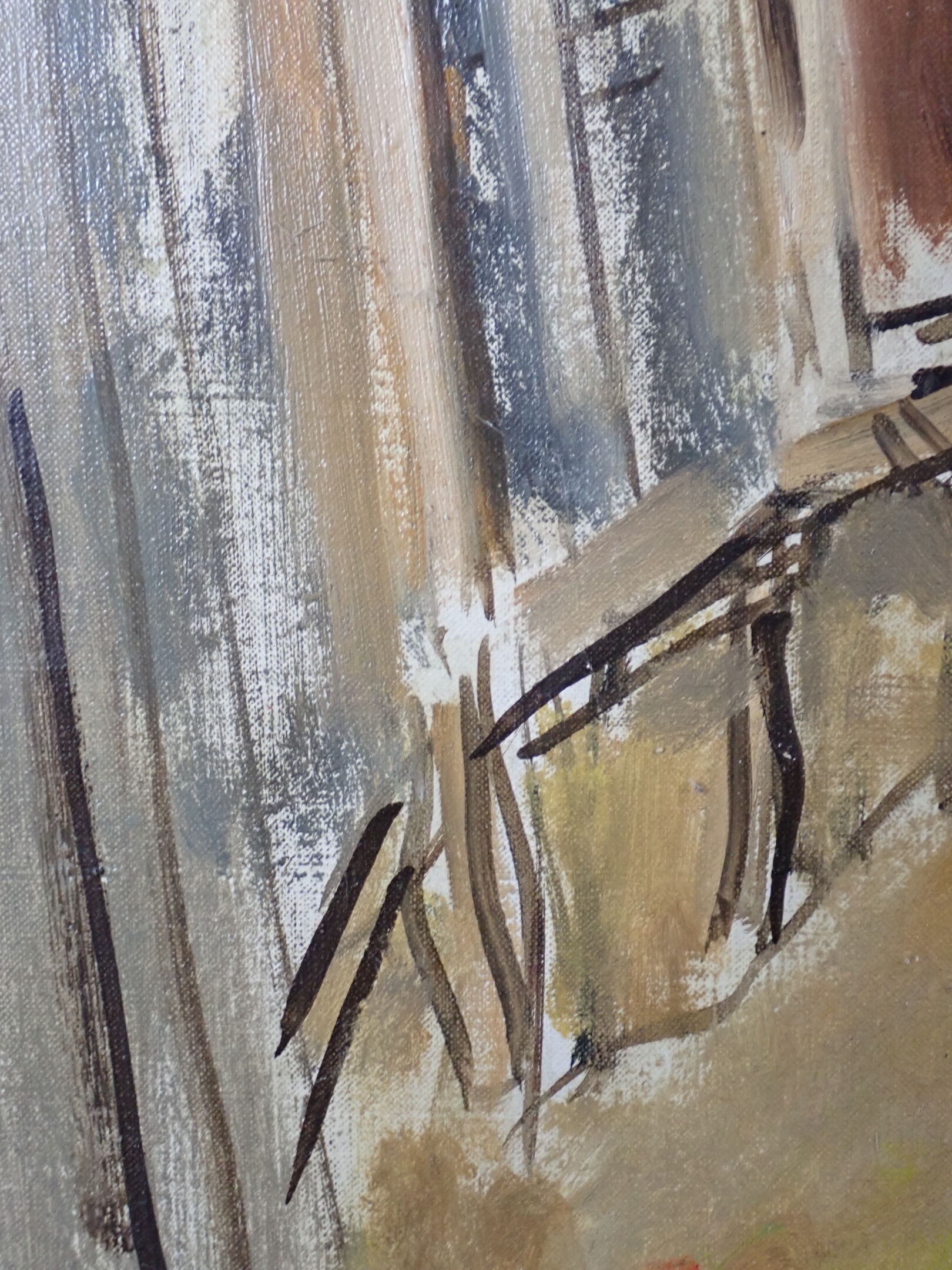 A rustic farmyard scene featuring a wooden coop, trees, and several white geese in an impressionistic style.