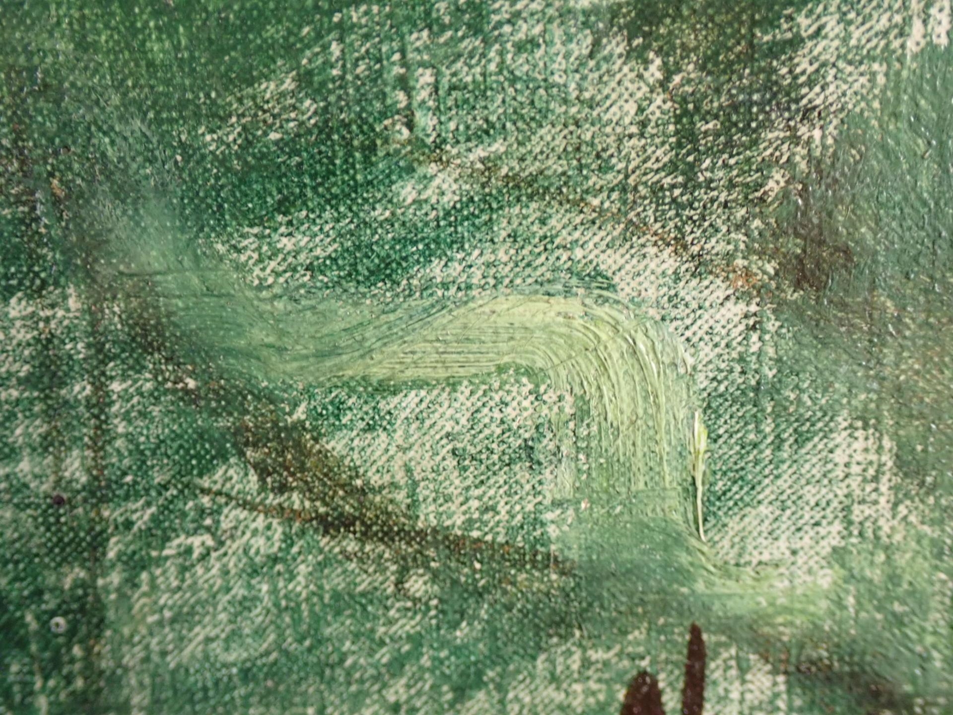 A rustic farmyard scene featuring a wooden coop, trees, and several white geese in an impressionistic style.