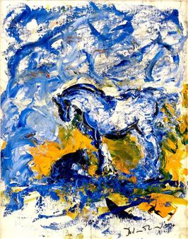 An abstract expressionist painting featuring a dynamic horse in motion amidst swirling blues and vibrant yellows.